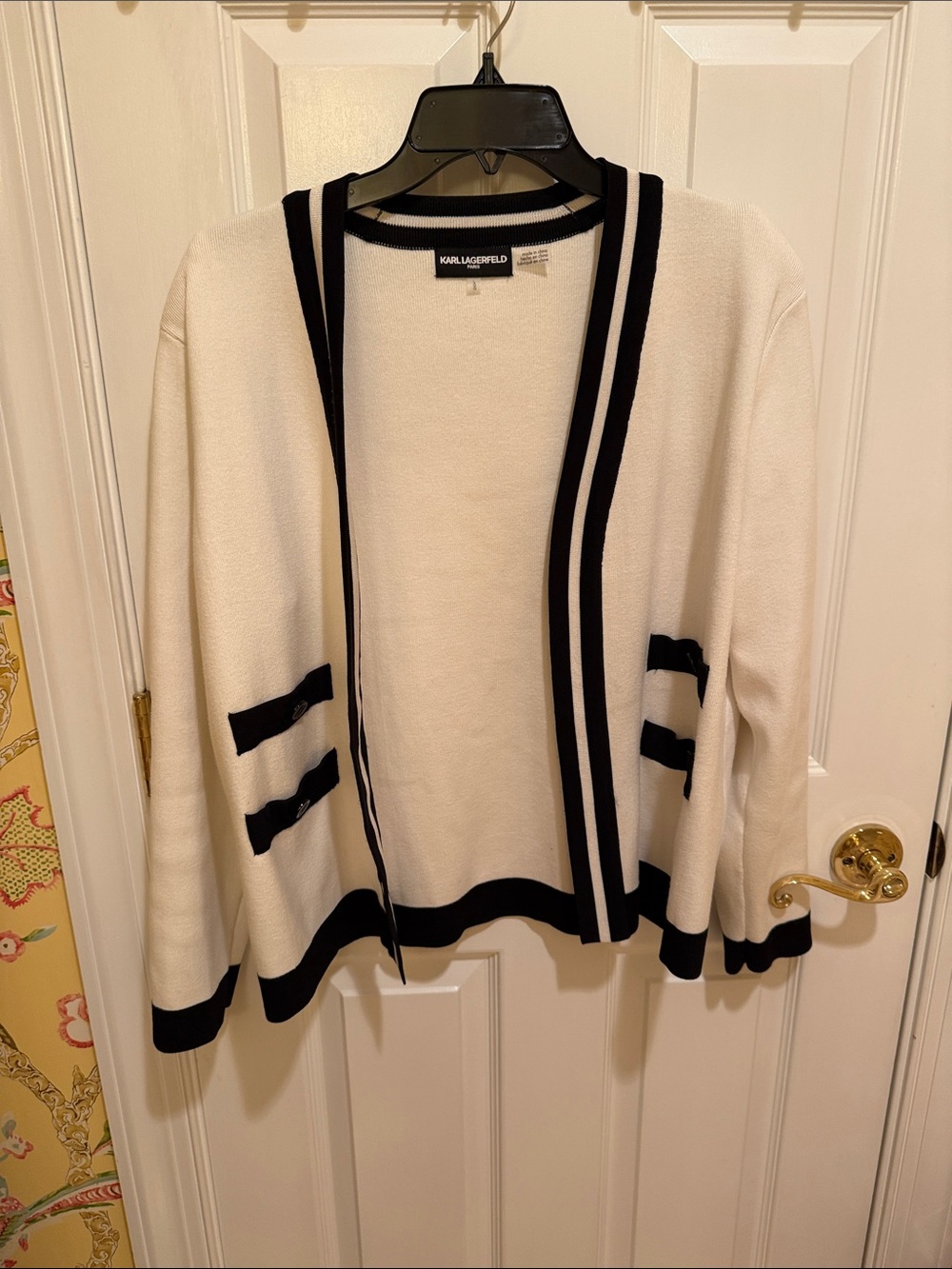 Karl Lagerfeld Cream Open-Front Cardigan with Black Trim